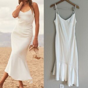 LStrictly Romance White Satin Asymmetrical Tiered Midi Dress